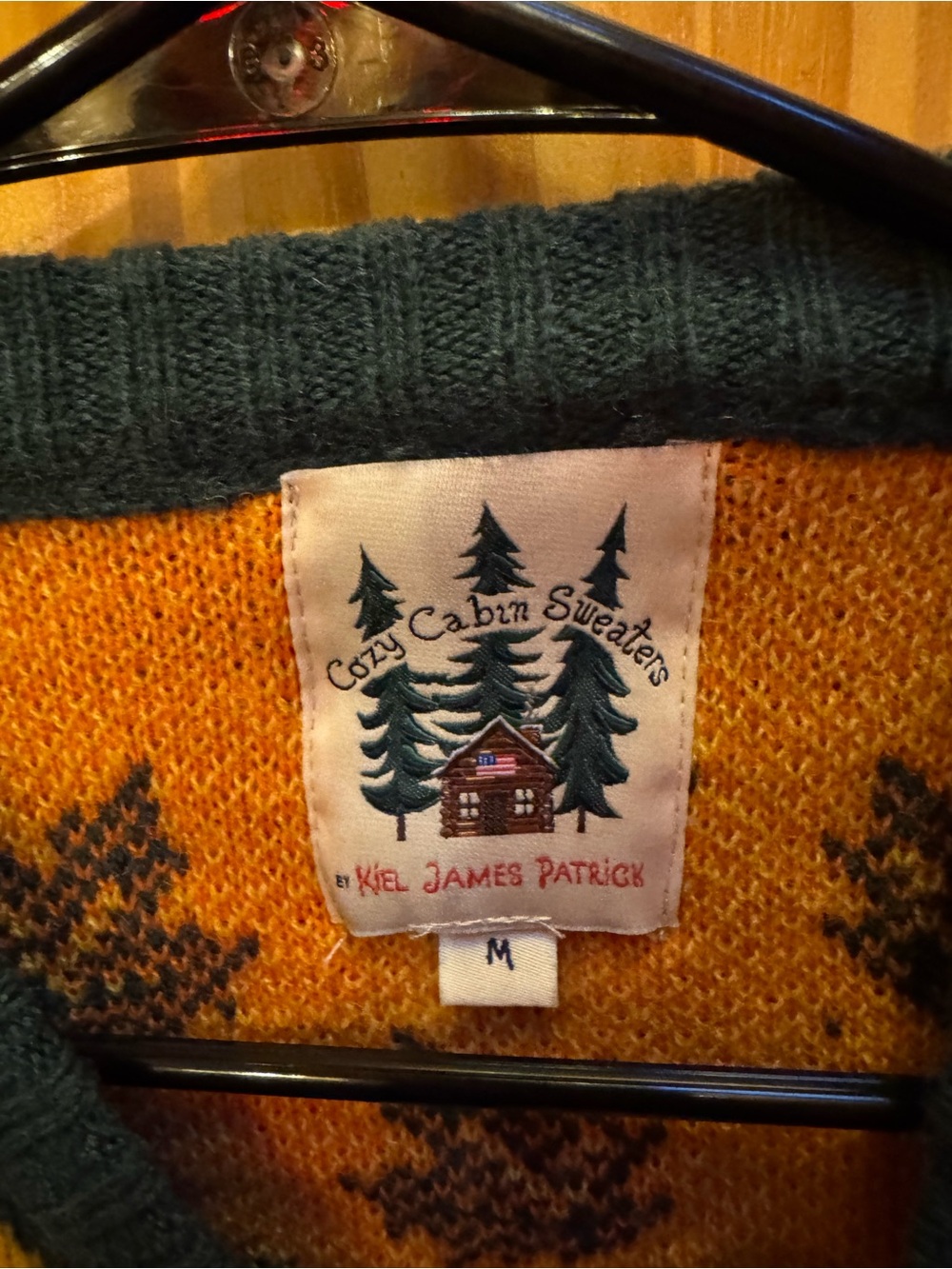 Kiel James Patrick Dark Green Crewneck Sweater with Yellow & Orange Leaf Pattern - Picture 3 of 3